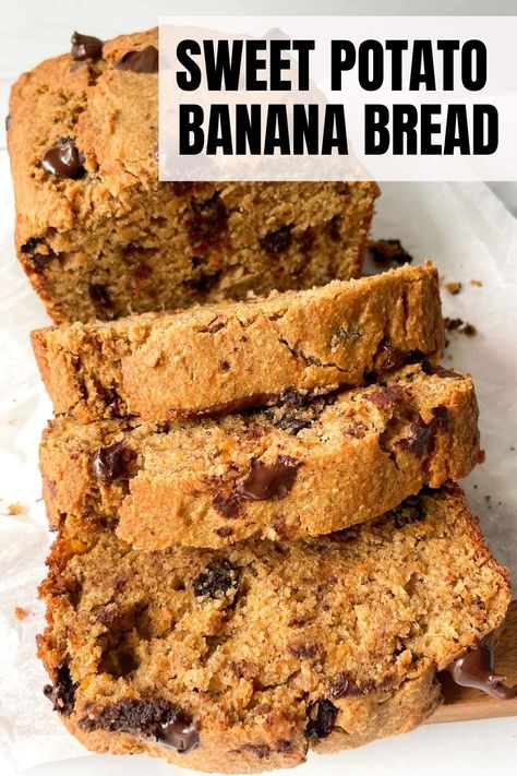 Sweet Potato Banana Bread is a healthy breakfast, snack or dessert recipe. This bread is easy to make, fluffy and super delicious! Macro Deserts, Sweet Potato Banana Bread, Healthy Sweet Bread, Sweet Potato Banana, Sweet Potato Dessert, Sweet Potato Dishes, Recipes Using Bananas, Banana Flour, Banana Bread Recipe Healthy