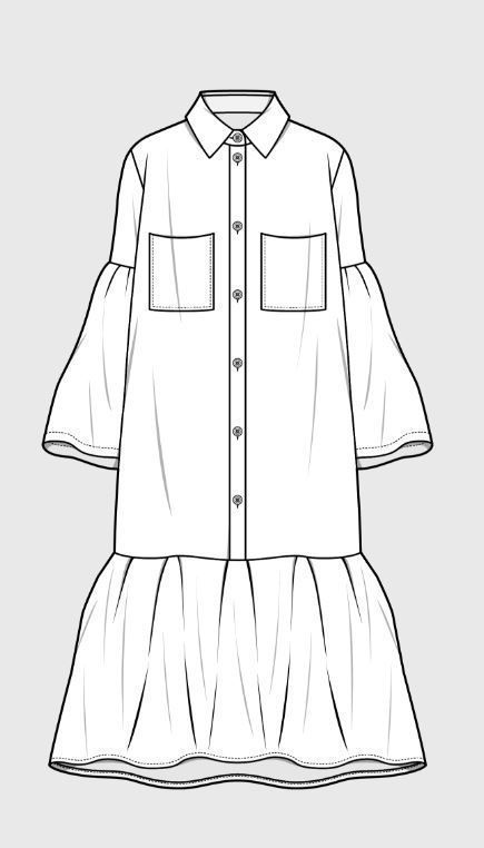 Shirt Dress Drawing, Dress Flat Sketch, Shirt Dress Sketch, Stile Hippie Chic, Shirt Dress Flat Sketch, Celana Jogger Wanita, Sleeve Flat Sketch, Flat Sketches Dress, Dress Technical Drawing