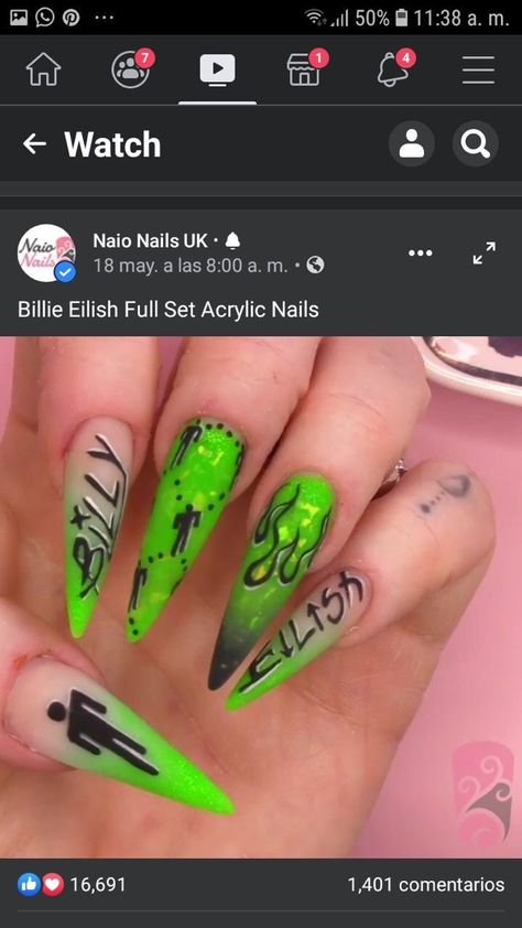 Billie Eilish Acrylic Nails, Billie Eilish Nails Ideas, Billie Eilish Nails Design, Nails Billie Eilish, Rock Concert Nails, Billie Nails, Billie Eilish Nails, Concert Nails, Rock Nails