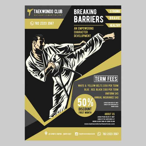 Taekwondo flyer template Premium Vector | Free Vector #Freepik #vector #freeflyer #freedesign #freetemplate #freeart Karate Poster, Tkd Taekwondo, Gym Flyer, Karate Club, Karate Belt, Kyokushin Karate, Belt Display, Tae Kwon Do, Karate Martial Arts