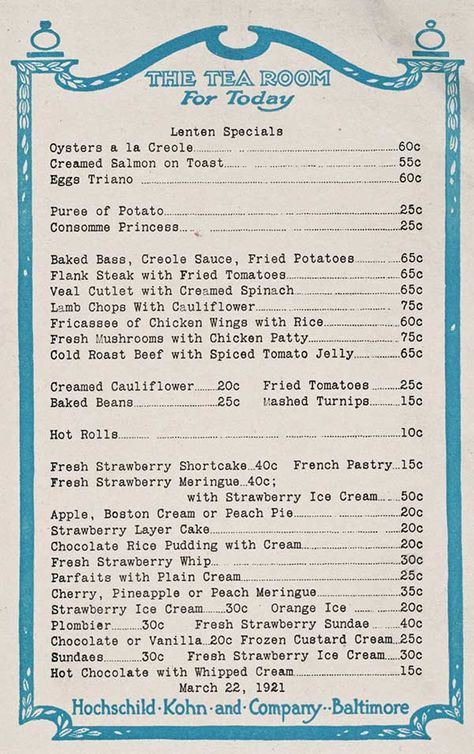 1920s tea room menu Tomato Jelly, Tea Mixes, Tea Shelf, Tea Party Menu, Vintage Tea Rooms, Strawberry Meringue, Creole Sauce, Menu Art, Veal Cutlet