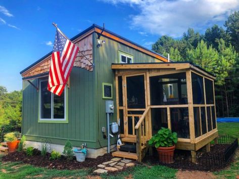 Tiny Cottage on Foundation with Screened-in Porch, Outdoor Shower, and Main Floor Bedroom Tiny Cottage Plans, Conversion Vans, Porch Outdoor, Cottage Porch, Floor Bedroom, Tiny Cottage, Tiny Cabin, Tiny House Movement, Cottage House