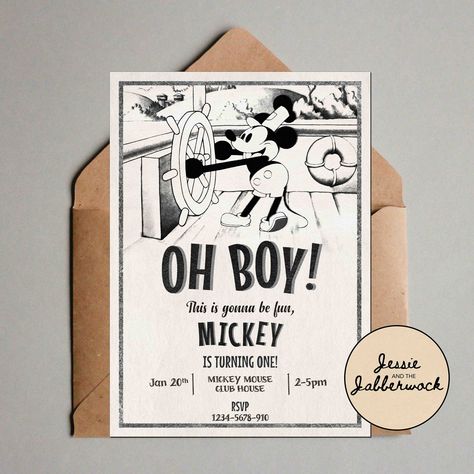 Oh Boy! Vintage Mickey Mouse Birthday Invite, Retro party invitation | 1st Birthday | Steamboat Willie | Black and White party Vintage Mickey Mouse Birthday, Black And White Party, Mickey Mouse Birthday Invitations, Invitation 1st Birthday, Boy Vintage, Steamboat Willie, Mouse Birthday, Mickey Mouse Birthday, Retro Party