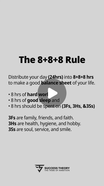 Success • Inspiration on Instagram: "The 8-8-8 rule suggests spending eight hours on sleep, eight on work, and eight on leisure. 

This balanced approach helps recharge your mind and body, allowing you to engage in creative activities more effectively during your free time.

Brought to you by @successtheory.co 

⁣ #spreadpositivity #motivationoftheday #positivityiskey #mindsetmatters #inspiration #inspirationalquotes #keytosuccess #mindsetcoach #inspirational #mindsetshift #mindsetiseverything #successtips #moneymindset #motivationalquotesoftheday #motivationalquotes #inspirationalquote #inspirations #motivation101 #successmindset #successquotes #morningmotivation #quoteoftheday #powerofpositivity #successfulmindset" Leap Of Faith, Mindset Coaching, Power Of Positivity, Morning Motivation, Free Time, Success Mindset, Money Mindset, Good Sleep, Creative Activities