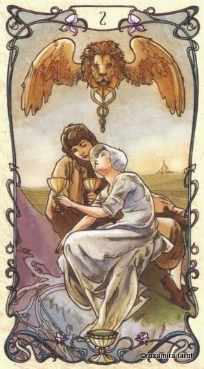 2 of Cups, Tarot Mucha Two Of Cups Tarot, Tarot Mucha, 2 Of Cups, Diy Tarot Cards, Two Of Cups, Alfons Maria Mucha, Sun And Moon Tarot, Alphonse Mucha Art, Cups Tarot