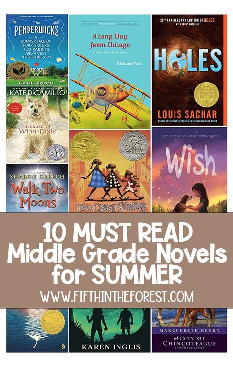 Pin Image shows 10 books covers: Holes, Wish, Walk Two Moons, Because of Winn-Dixie, The Penderwicks, A Long Way from Chicago, Misty of Chincoteague, One Crazy Summer, Beyond the Bright Sea, The Secret Lake. Below the covers is the title "Summer Novels for Big Kids www.fifthintheforest.com" Fifth Grade Reading List, 6th Grade Summer Reading List, 5th Grade Novel Studies, 4th Grade Novel Studies, 5th Grade Reading List, Cslp Summer Reading 2024, 7th Grade Reading List, The Penderwicks, One Crazy Summer