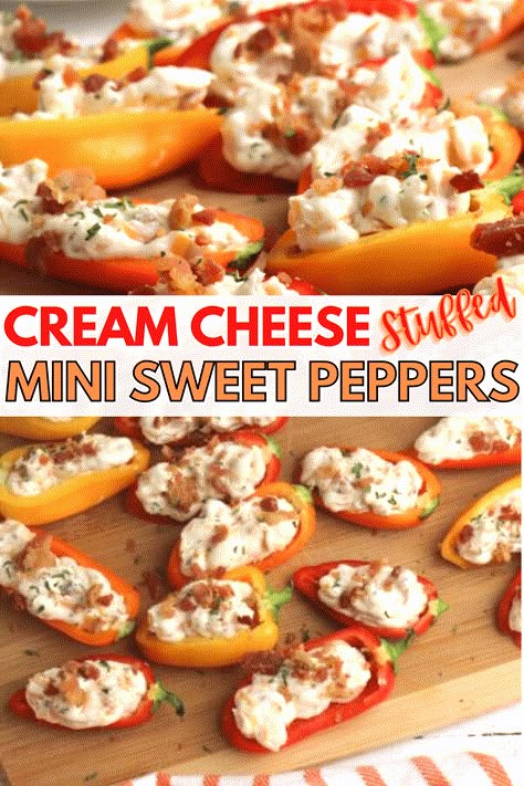 Stuffed Peppers Appetizer, Girls Night Appetizers, Stuffed Mini Sweet Peppers, Group Snacks, Pool Food, Sweet Pepper Recipes, Mini Sweet Peppers, Cheese Stuffed Peppers, Easter Food