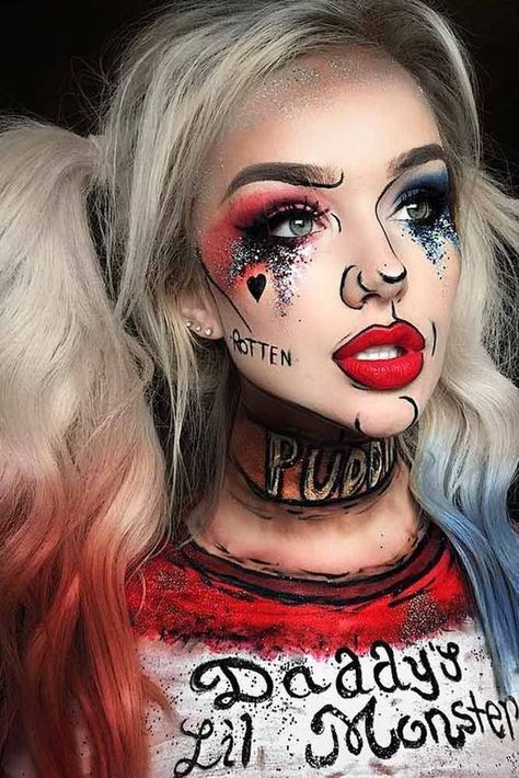 Harley Quinn Make-up, Makeup Karakter, Halloween Costumes Women Creative, Makeup Zombie, Halloweenský Makeup, Halloween Make-up Looks, Harley Quinn Makeup, Cute Halloween Makeup, Halloween Makeup Pretty