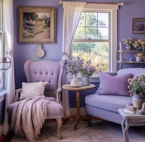 Lavendar Rooms Ideas, Lavender Living Room Walls, Cozy Bedroom Lavender, Lavender Library Aesthetic, Lilac Living Room Ideas, Lavender Boho Bedroom, Lilac Interior Design Lavender, Lavendar Bedrooms Farmhouse, Lavender Living Room