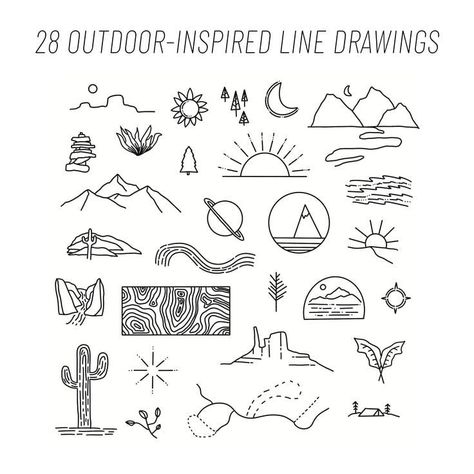 28 Minimalist Outdoor-Inspired Line Drawings Simple Nature Drawing, Small Nature Tattoo, My Drawing Style, Outdoor Tattoo, Simple Line Tattoo, River Tattoo, Lake Tattoo, Geometric Line Tattoo, Mountain Tattoo Simple