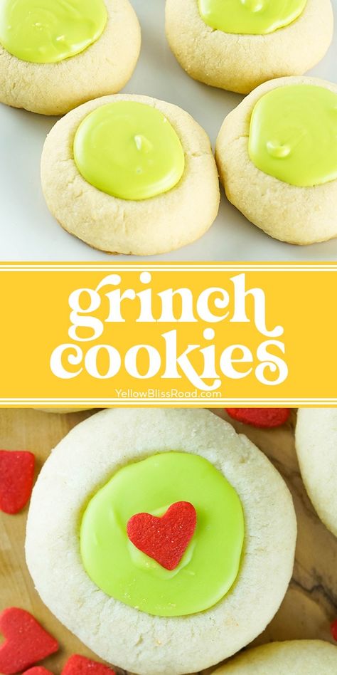 Iced Thumbprint Cookies Recipe, Grinch Blossom Cookies, Grinch Thumbprint Cookies, Grinch Sweets, Whoville Cookies, Grinch Cookies Decorated, Fancy Christmas Cookies, Grinch Brownies, Grinch Christmas Cookies