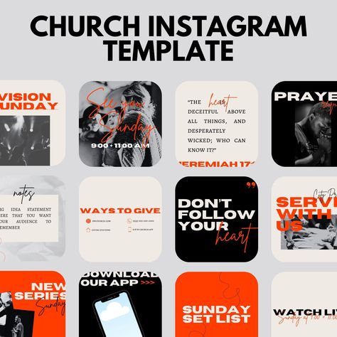 -- You will receive your editable Canva link in a PDF -- 30 Instagram Post Sized Graphics for use on your church's social media account! Designs are fully editable in Canva or ready to go as-is. The look features a Black and White style with Red accents, clean fonts and eye-catching layouts. Every graphic is completely customizable to fit your church's needs. Slides include Baptism, Communion, Worship Set Lists, Small Groups, Ways To Give, and more. BONUS STORY SLIDES INCLUDED WITH DOWNLOAD -- A Church Branding, Social Media Church, Clean Fonts, Church Media Design, Instagram Font, Church Graphics, Church Graphic Design, Creative Fonts, Black And White Style