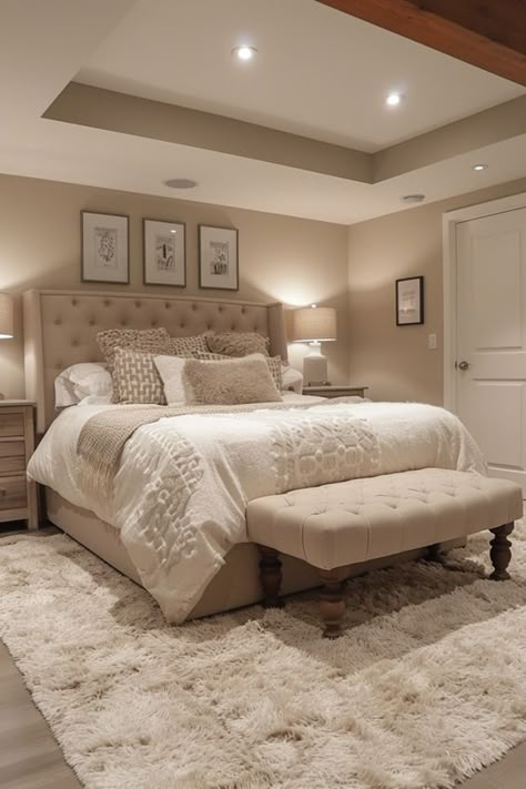 Cuartos Color Beige, Cozy Neutral Bedroom Beds & Frames, Cosy Bedroom Decor, Colour Bedroom, Master Rustic Bedroom Ideas, Vista House, Beautiful Bedrooms Master, Bedroom Design Inspiration, Basement Bedroom