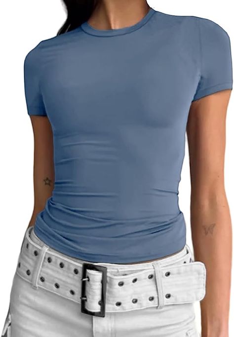 Trending Tops For Women, Going Out Crop Tops, Basic Crop Tops, Amazon Items, Slim Fit Crop Top, Amazon Basics, Round Neck Shirt, Slim Fit Top, Cute Crop Tops