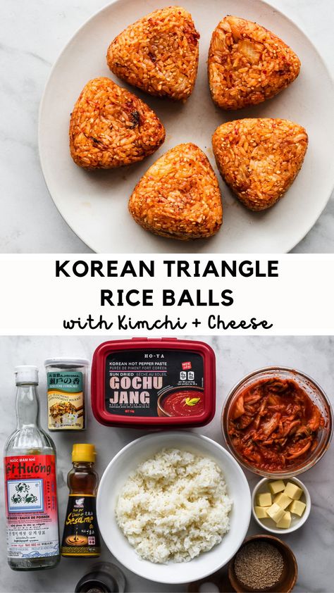 A hearty snack, side dish, packable lunch, or light meal: Korean Triangle Rice Balls. Also called Samgak JumeokBap, they're a satisfying and delicious combination of rice and kimchi. Easy to pack and easy to hold, these dense little rice balls are also easy to prepare. To add a little decadence, place a cube of cheese in the center and air fry until molten and gooey. YUM! Jumeokbap Recipe, Korean Rice Balls Recipes, Kimchi Easy, Rice And Kimchi, Korean Appetizers, Packable Lunch, Hearty Snacks, Korean Snacks, Korean Cooking