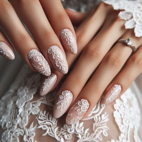 Shaadi Nails, Bridal Nails Almond Shape, Victorian Nails, Lace Manicure, Lace Wedding Nails, Nail Art Mariage, Lace Nail Design, White Lace Nails, Ombre French Tips