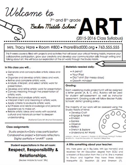 Create a Syllabus That Your Students Will Actually Want to Read - Download free example syllabus! Middle School Art Curriculum, 2nd Grade Syllabus, Art Class Syllabus, Middle School Art Classroom, Art Lesson Plan Template, Art Classroom Rules High School, Art Class Syllabus Middle School, Middle School Art Teacher Lesson Plans, Middle School Ela Syllabus