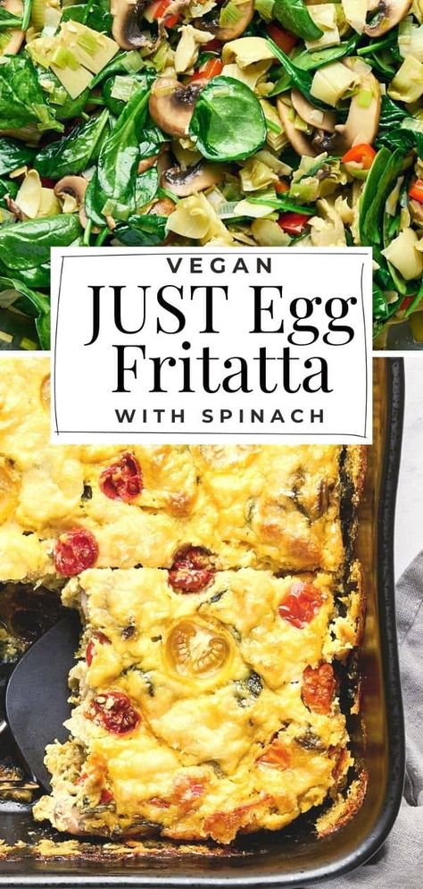 Looking for a showstopper brunch dish? Try this incredible JUST Egg Frittata packed with spinach, leeks, mushrooms, bell peppers, artichokes, and vegan cheese! It's easy to make and perfect for feeding a crowd. Whether it's a leisurely brunch or a simple dinner, this flavorful frittata will impress everyone with its taste and presentation! Try it for Easter! Spinach Leek, Egg Frittata Recipes, Vegan Frittata, Recipe With Mushrooms, Egg Frittata, Just Egg, Vegan Cheddar, Meatless Dinner, Frittata Recipes