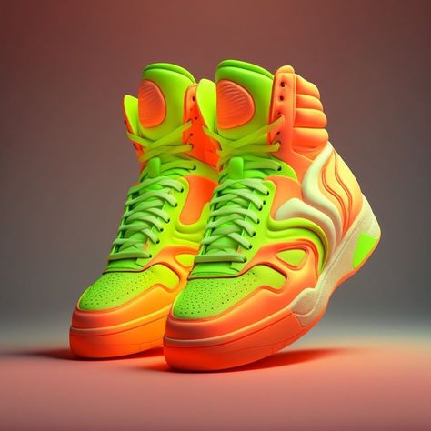 Ranks on Instagram: "1980s inspired kicks in retina searing Neon Orange, Pink, Yellow. #neon #sneakerfreakermag #oldschoolsneakers #aigeneratedimages #1980something #ranks #sneakers" Neon Party Outfits, Neon Png, Neon Sneakers, Neon Shoes, Futuristic Shoes, Neon Dresses, Yellow Ombre, Orange Neon, Yellow Neon