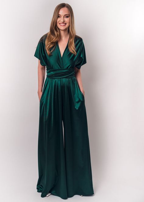 Dark green luxury satin infinity dress, shining jersey jumpsuit, wedding guest dress, wedding guest jumpsuit, bridesmaid dresses, velvet dress, multi wrap dress, convertible dress, multiway dress, Maid of Honor dress Formal Wedding Guest Jumpsuit, Maid Of Honor Jumpsuit, Dark Green Dress Outfit Wedding, Green Semi Formal Outfit, Silk Jumpsuit Wedding, Dark Green Wedding Guest Dress, Jumpsuit Bridesmaid Dresses, Jumpsuit Bridesmaid, Outfits For Mothers