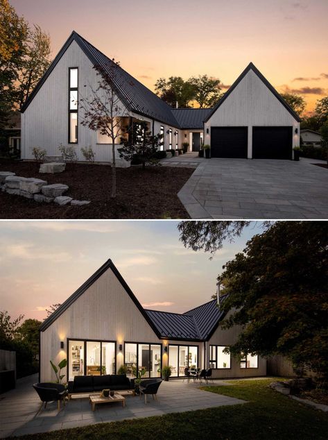 This Scandinavian Inspired House Design Has An Exterior Of Vertical White Cedar Siding And A Black Metal Roof Modern Farmhouse Exterior With Garage, Metal Modern House, Modern Cottage Exteriors, One Roof House Design, Modern White And Black House, Scandanavian House Design Exterior, Garage On Side Of House, Roof House Ideas, Cement House Exterior