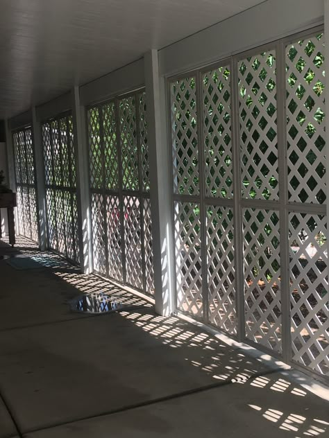 Deck Privacy Lattice, Privacy Screen Porch Ideas, Lattice Privacy Screen For Porch, Lattice Screen Porch, Lattice Covered Patio, Lattice Front Porch, Lattice Enclosed Porch, Lattice Carport, Lattice Wall Outdoor