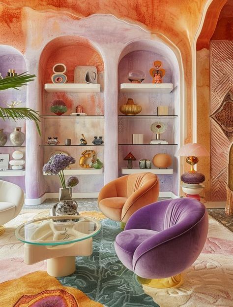 Purple And Orange Interior Design, Unconventional Interior Design, Decorating With Color Living Room, Fun Interior Design Creative, Bright House Interior, Bright Maximalist Decor, Pastel Colors Aesthetic, Mood Boards Interior Design, Interior Design Collage