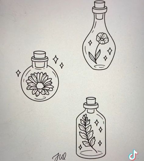 Matching Witch Tattoo, Potion Tattoo Design, Witchy Friend Tattoos, Potions Tattoo, Easy Witchy Drawings, Witchy Doodles Simple, Witchy Tattoos Simple, Flash Tattoo Designs Simple, Witchy Drawings Simple