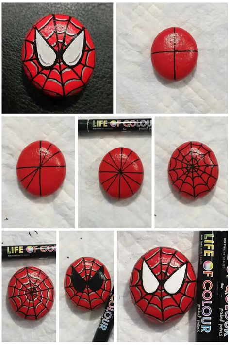 Paint Pen Rock Art, Mm Painted Rocks, Painted Rocks Spiderman, Mm Rock Painting, Spider Man Painted Rocks, Thing To Paint On Rocks, Rock Painting Spiderman, Dog Painted Rocks Easy, Red Rock Painting