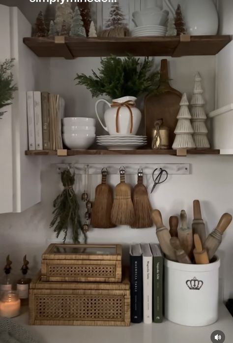 Shelf Above Doorway Kitchen, Kitchen Hooks Decor, Cottage Kitchen Open Shelving, Christmas Kitchen Shelves, Larder Ideas, Kitchen Shelf Inspiration, Corporate Appreciation Gifts, Shelves Inspiration, Shelf Decorating Ideas