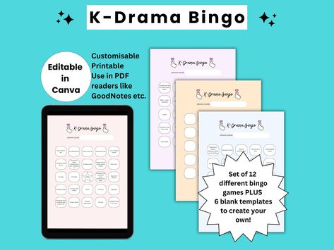 Kdrama Bingo Card Set Template, Kdrama Printable Bingo Game, Digital Bingo Template, Korean Drama Bingo Board, Kdrama Gift, TV Bingo Game by SamanthaAdores on Etsy Kdrama Bingo, Bingo Card Template, Printable Bingo Games, Bingo Template, Bingo Board, Bingo Card, Bingo Printable, Game Prices, Pastel Colour Palette