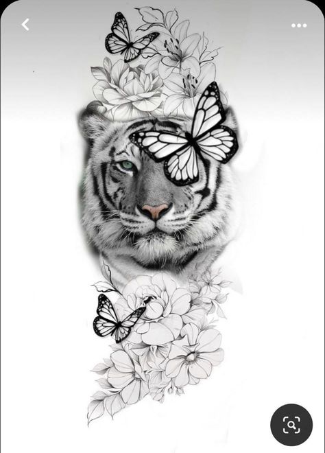 Lion Tattoo With Flowers And Butterflies, Tiger With Butterfly Tattoo, Tiger Tattoo With Leaves, White Tiger Tattoo For Women, Tiger Thigh Tattoo For Women, Lion And Butterfly Tattoo, Tiger And Butterfly Tattoo, Realistic Tiger Tattoo Design, Feminine Tiger Tattoo For Women