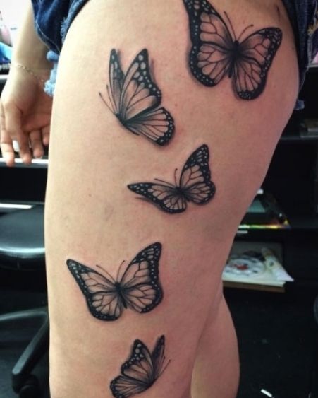 28 Beautiful Black and Grey Butterfly Tattoos - TattooBlend #tattoos #thightattoos #womentattoos Side Thigh Tattoos Butterflies, Butterflies Going Down Leg Tattoo, Butterflies Going Up Side Tattoo, Butterflies Going Up Leg Tattoo, Butterfly Tattoo Going Up Leg, Leg Tattoos Butterflies, Side Thigh Butterfly Tattoo, Large Butterfly Tattoo Thigh, Butterfly Leg Tattoo Thighs