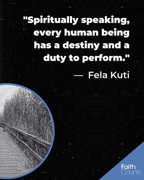 "Spiritually speaking, every human being has a destiny and a duty to perform." - Fela Kuti 🌟✨ Pin this meaningful quote and reflect on the idea that we each have a unique purpose to fulfill in this world. Engage with the post and share your thoughts on destiny and duty in the comments below. Let's inspire one another and pin the graphic to inspire others! 🙏✨ #DestinyAndDuty #Inspiration #FaithQuotes Fela Kuti Quotes, Fela Kuti, Human Being, Inspire Others, Faith Quotes, Meaningful Quotes, This World, Wisdom Quotes, Bible Quotes