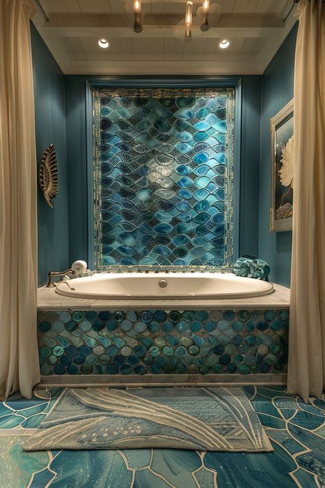 29 Mermaid Bathroom Ideas for a Magical Undersea Retreat 16 Mermaid Bathroom Ideas, Underwater Bathroom, Underwater Palace, Fruitger Aero, Flowing Curtains, Bathroom With Tub, Teal Bathroom, Star Ship, Mermaid Bathroom