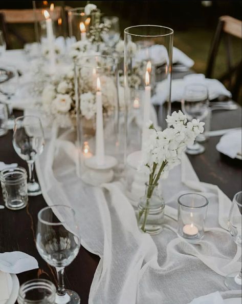 Candle Table Scape Wedding, White Flowers And Candles Wedding, Wedding Table Settings Glass Candle, Neutral Candles Wedding, White Flowers Candles Wedding, Candle Light Beach Wedding, Wedding Cocktail Tables, Martha Weddings, Reception Table Decorations