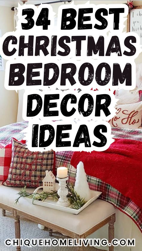 Are you looking for clever ways to bring festive cheer into your sleeping space? Our 34 curated Christmas bedroom decor ideas are sure to transform your room into a cozy holiday retreat! Dorm Christmas Decor College, Christmas Decorated Bedrooms Ideas, Classy Christmas Bedroom Decor, Black And White Christmas Bedroom Decor, Christmas Wreath Above Bed, Christmas Bedroom Decor Ideas Simple, Decorating My Bedroom For Christmas, Christmas Bedroom White, Above Bed Christmas Decor