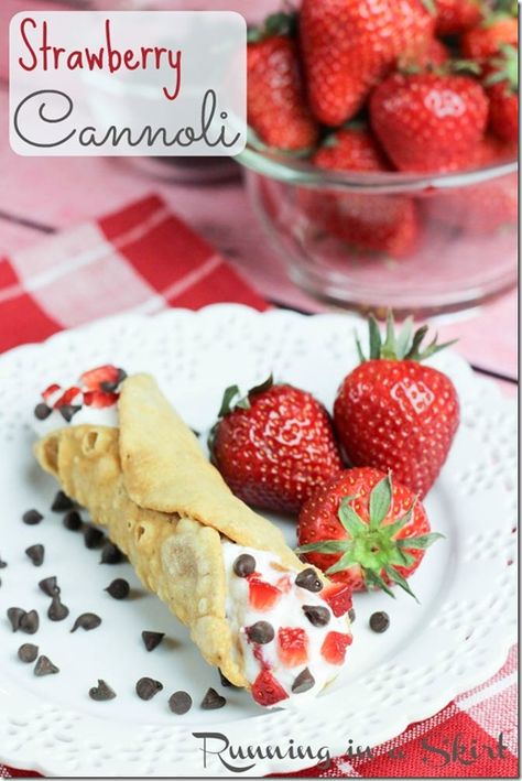 A twist on a classic Italian dessert, my Strawberry Cannoli recipe will have the entire table asking for seconds! Uses fresh strawberries and chocolate chips for a perfect desserts. / Running in a Skirt Strawberry Cannoli, Cannoli Recipe Easy, Strawberry Recipes Easy, Strawberries And Chocolate, Sweet Bread Rolls, Cannoli Recipe, Strawberry Salsa, Crepes And Waffles, Cream Horns