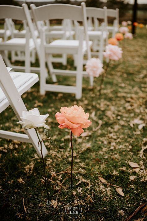 Outdoor Lawn Wedding Ceremony, Single Stem Flower Aisle, Single Stem Aisle Flowers, Ribbon Aisle Decor, Flowers In Ground Wedding Aisle, Wedding Aisle Inspiration, Single Stem Aisle, Simple Aisle Flowers, Simple Wedding Aisle Decor Outdoor Ceremony