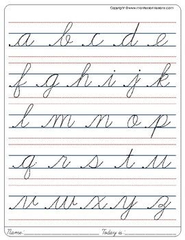 On a letter-sized sheet, the cursive letters from A to Z appear, in small size, to be traced Montessori Cursive Free Printable, Small Cursive Letter Worksheet, Prays For Healing, Homeschool Handwriting, How To Read Numbers, Ham Seasoning, Map Of States, Capital Cursive Letters, Cursive Small Letters