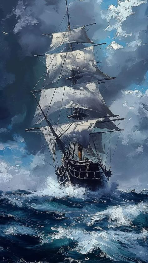 Pirate Ship Painting, Ghost Ship Art, Pirate Ship Art, Ocean Art Painting, Navi A Vela, Old Sailing Ships, Arte Van Gogh, Ship Artwork, Sailboat Painting