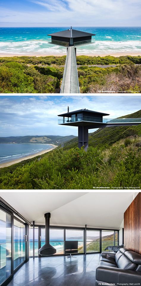 F2 Architecture have designed the Pole House, perched high above the scenic Great Ocean Road in Australia. Edgy Architecture, House On Poles, Lorne Australia, Cantilever Architecture, Waterfront House, Pole House, House Concept, Prairie House, Architecture Wallpaper