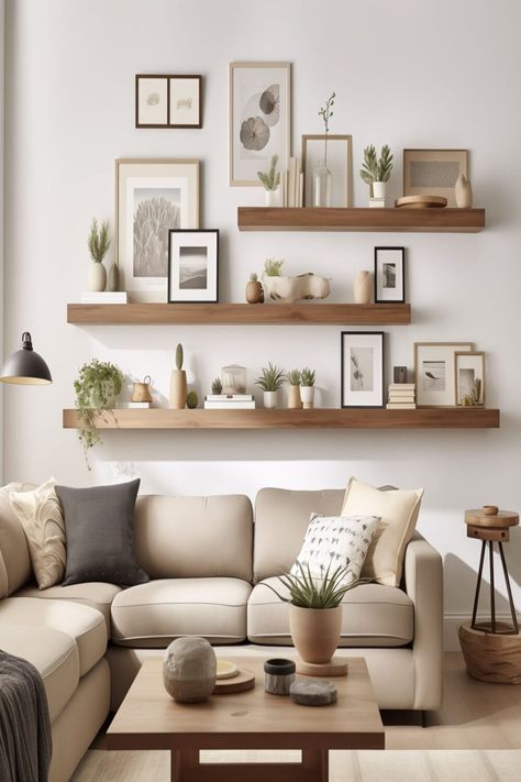 Floating Shelves Family Room, Shelfs Living Room Wall, Wall Pictures Ideas Living Room, Minimalist Wall Shelves, Wall Art And Shelves, Wall Art On Shelf, Minimal Living Room Decor Simple, Art Shelf Living Room, Livingroom Ideas 2023