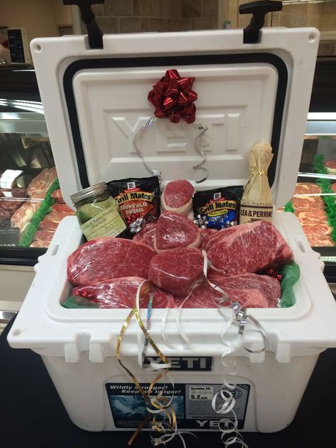 Meat Basket Gift Ideas, Ice Chest Gift Basket, Yeti Cooler Gift Basket, Cooler Gift Ideas, Social Prizes, Cooler Gift Basket Ideas, Cooler Gift Basket, Whiskey Gifts Basket, Fall Basket Ideas