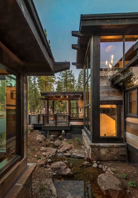 This majestic mountainside retreat was designed by Sandbox Studio located in the Northstar community of Truckee, California. Mountainside Retreat, Mountain Architecture, House Mediterranean, Evergreen Forest, Mountain Getaway, Lakefront Homes, Modern Mountain, Colorado Mountain, Colorado Homes