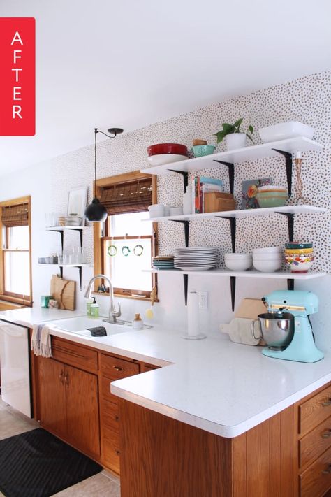 Before & After: A 1960s Kitchen Opens Up for Under $200 | Apartment Therapy Cooking Recipes Mexican, Harrington House, Small Kitchen Makeover, 1960s Kitchen Remodel, Kitchen With Open Shelving, 60s Home Decor, Small Kitchen Remodeling, Cheap Kitchen Decor, 60s Home