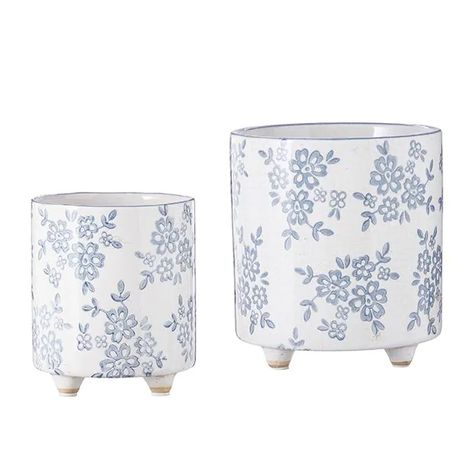 Set of 2 Footed Ceramic Transferware Planters | Antique Farmhouse Vintage Farmhouse Style, Blue Floral Pattern, Battery Operated Candles, Blue Home Decor, Blue Bathroom, Vintage Elegance, Antique Farmhouse, Blue House, Vintage Farmhouse