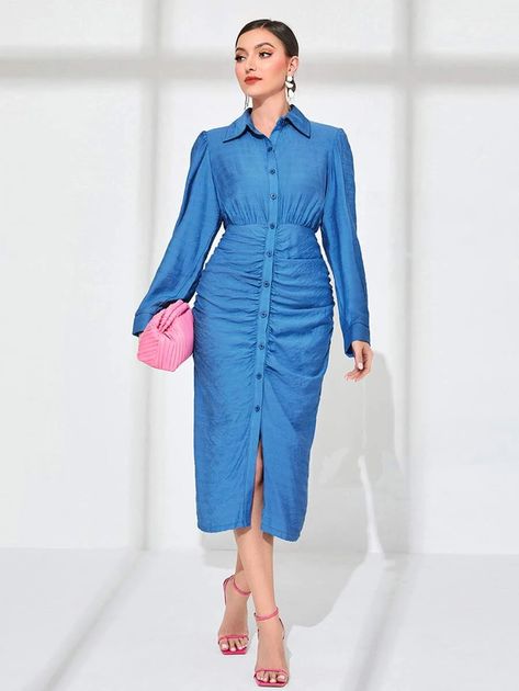 Ruched Button Front Shirt Dress | SHEIN USA Trendy Shein Outfits, Ruched Shirt Dress, Hijabi Dresses, Modest Midi Dress, Ruched Shirt, Shirt Dress Outfit, Button Front Shirt Dress, Elegant Fabric, Shein Outfits