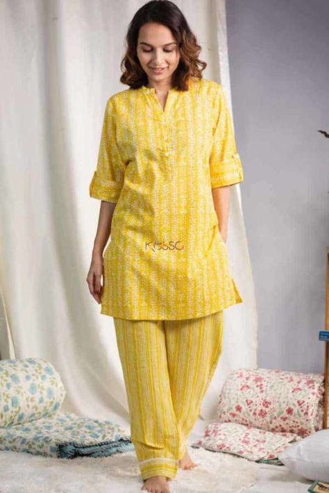 Cotton Loungewear Indian, Kurta Pajama Designs Women, Printed Cord Set, Playful Outfits, Bell Sleeve Tops, Traditional Prints, Alpona Design, Casual Cotton Top, Cotton Loungewear