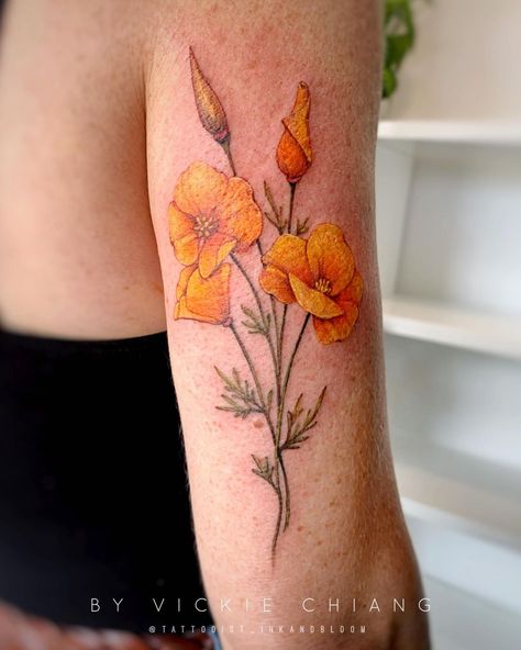 @tattooist_inkandbloom shared a photo on Instagram: “California poppies for Lorien 🧡 #poppytattoo #californiapoppies #californiapoppy #wildflowertattoo #wildflowerart #californiapoppytattoo…” • Mar 4, 2021 at 3:45am UTC Tattoos With A Meaning, Plum Tattoo, Bay Tattoo, California Golden Poppy, Winnie The Pooh Elephant, Tattoos Hidden, California Poppy Tattoo, Art Inspired Tattoos, Elephant Watercolor